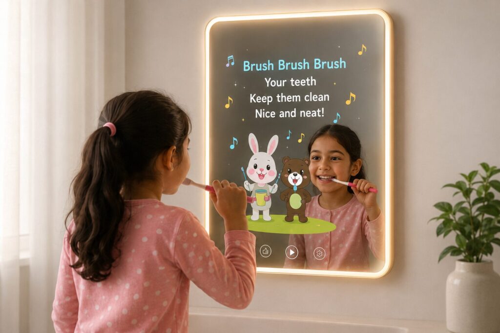 Smart mirrors for kids for  their daily routines form listening rhymes to their fav cartoons!