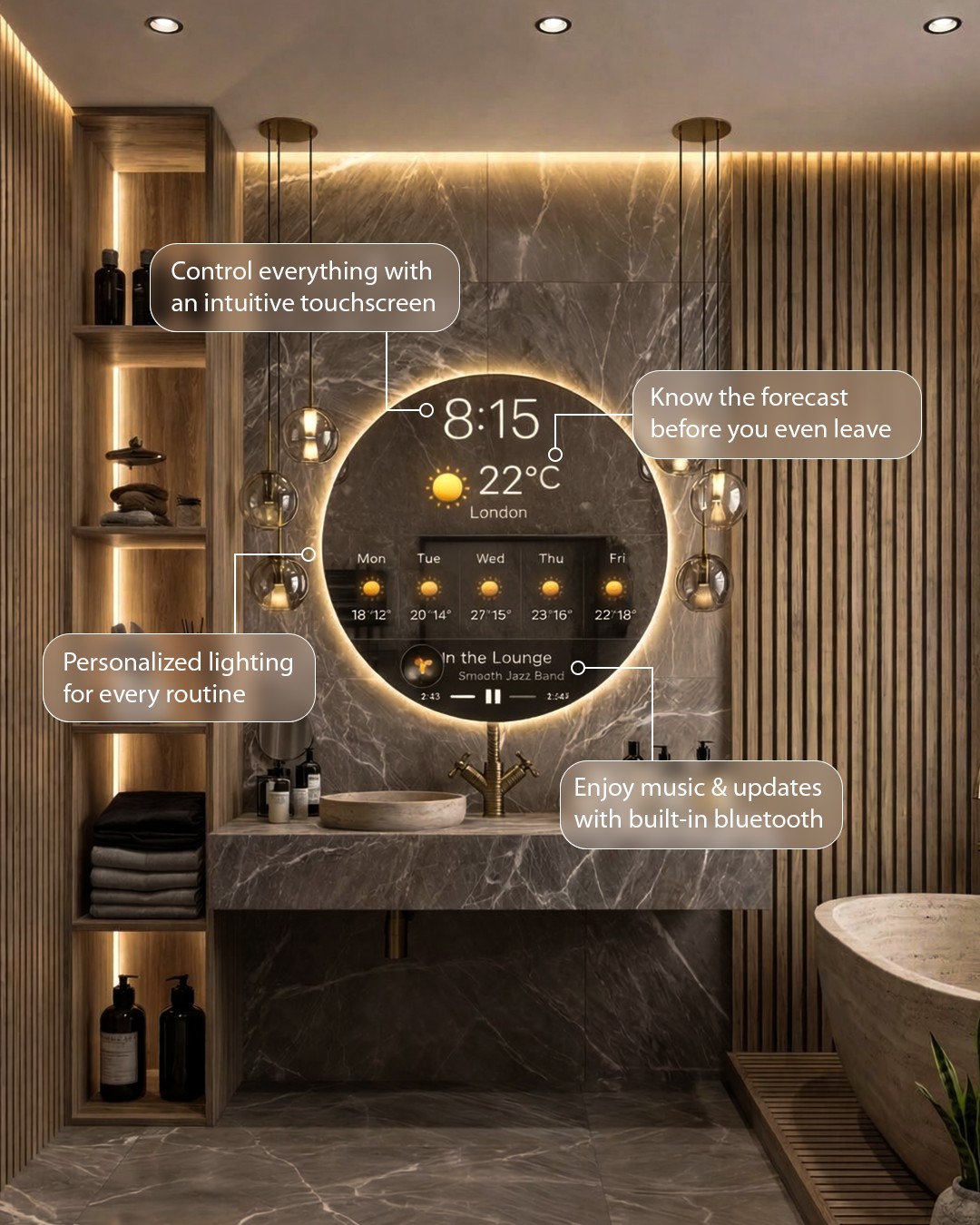 Smart mirrors offering advanced features in a stylish bathroom setup. Connect with Artis Living Today!